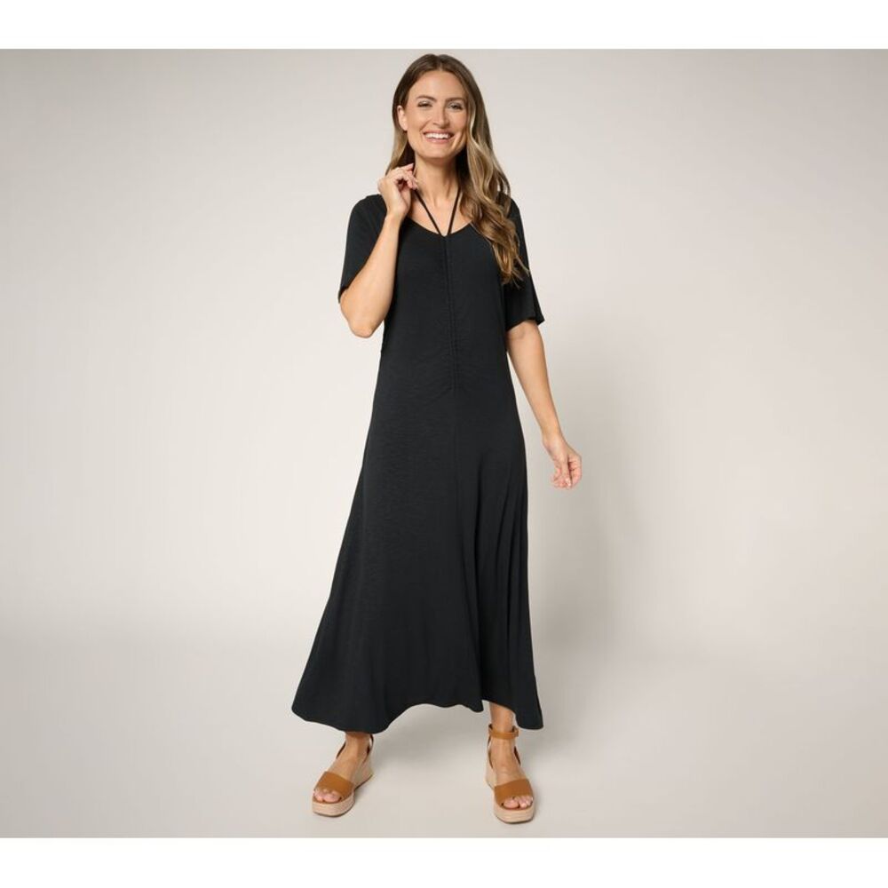 Liberare Women's Petite Dress PS Ruch Front Short Sleeve Midi Black A692504